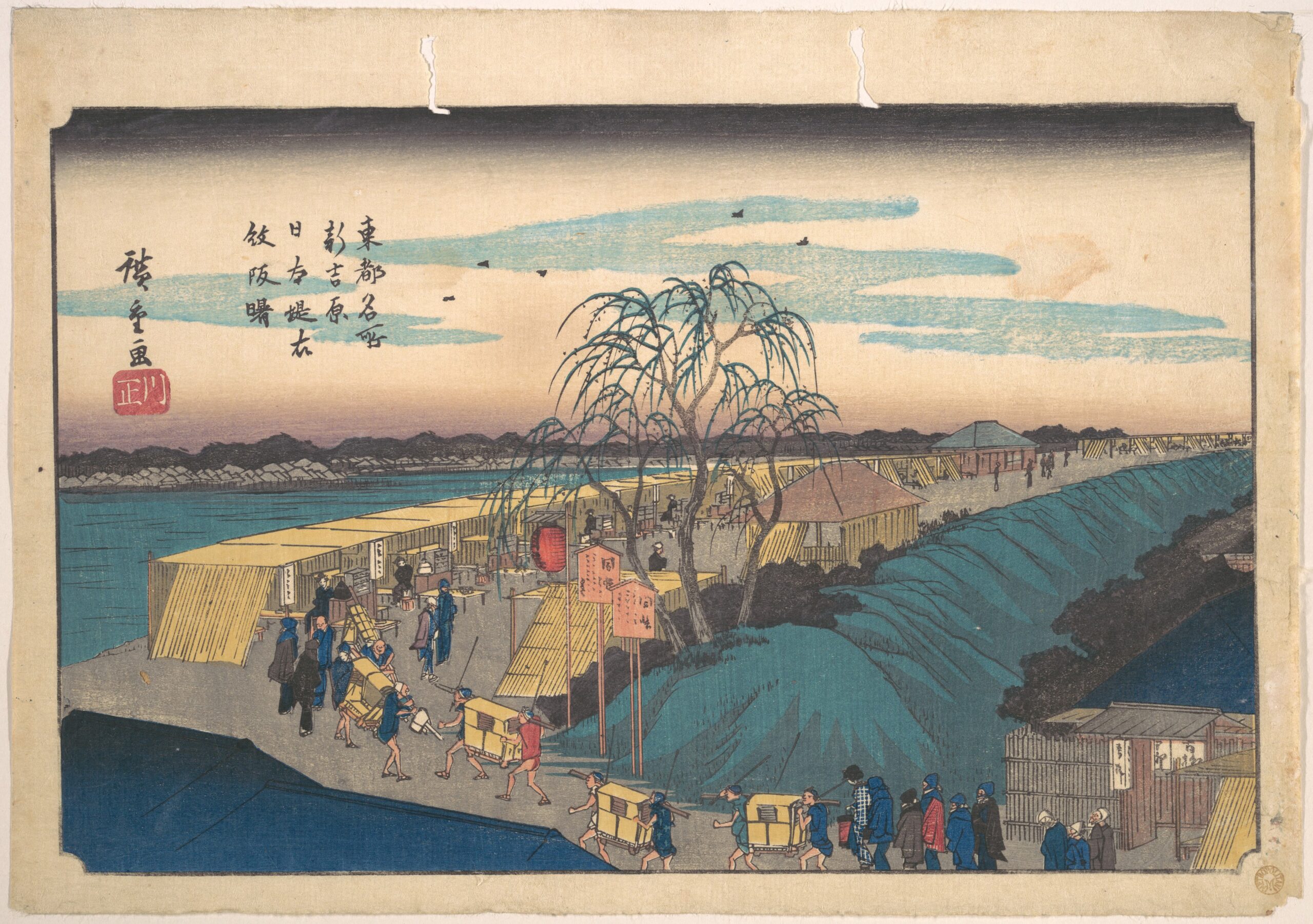Utagawa Hiroshige woodblock print of dawn on the Nihon Embankment at Emonzaka