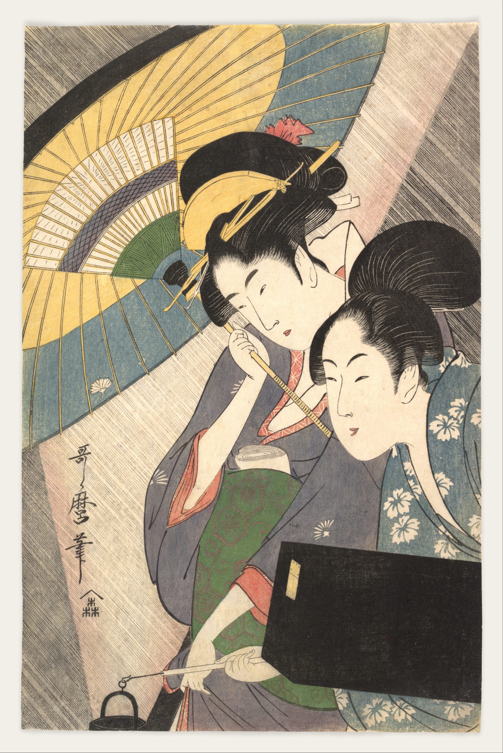 Kitagawa Utamaro woodblock print of a geisha under an umbrella with an attendant carrying her shamisen case